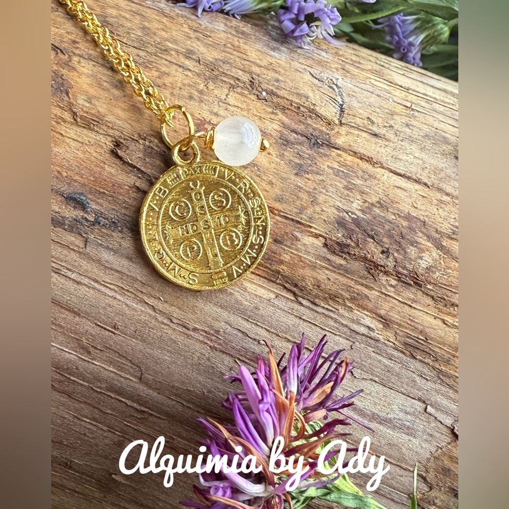 Gold Saint Benedict and selenite charms dainty gold necklace - Picture 1 of 4
